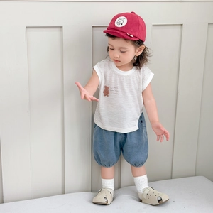 Korean style toddler boy cotton vest and denim shorts set with red lucky bear cap