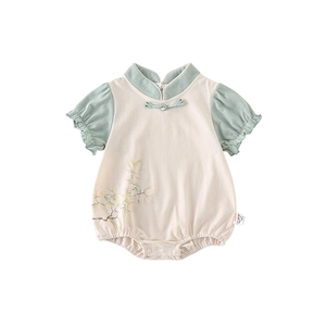 Traditional Chinese style baby romper with short sleeves and floral print on white background