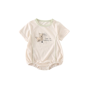 Short sleeve baby romper in cream white with a cute dog print and green piping details