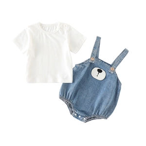 Two-piece baby denim romper set with white short sleeve T-shirt and bear design overall