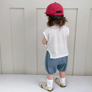 Toddler summer cotton set featuring striped tank top and loose lantern pants from the back