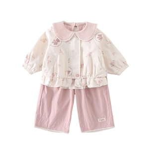 Ensemble bébé fille avec haut à fleurs, col Claudine et pantalon assorti bordé de dentelle