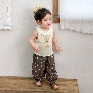 Toddler girl summer set with yellow bunny lace top and floral brown trousers