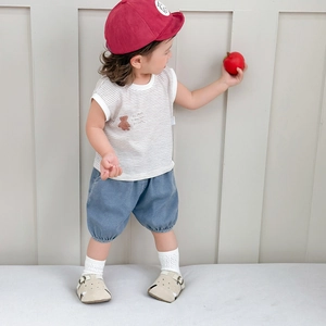 Toddler summer set with beige striped bear vest and blue denim lantern shorts