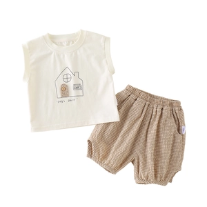 Baby boy summer 2-piece set with beige graphic sleeveless t-shirt and brown checkered shorts