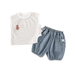 Infant summer outfit set with striped bear tank top and denim shorts in soft cotton