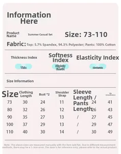 Detailed size chart for girls summer tank top and cotton shorts set from size 73 to 110