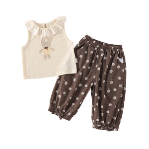 Toddler summer set with white lace bunny tank top and brown floral pants two-piece outfit