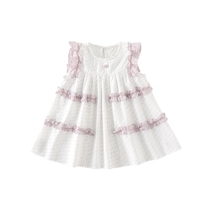 Robe sans manches en coton pour filles avec imprimé fleuri et volants à carreaux lavande