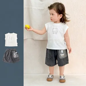 Set di Abbigliamento Estivo per Neonati T-Shirt Senza Maniche in Cotone con Elefante e Pantaloncini in Denim Casual