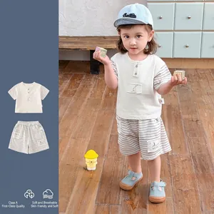 Baby Boy Summer Cotton Short Sleeve T-Shirt And Striped Shorts Casual Two Piece Set Korean Style Soft Toddler Outfit