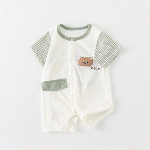 Newborn Baby Cotton Summer Romper Short Sleeve Cartoon Bear Gingham Patchwork Infant Jumpsuit One Piece Casual Korean Outfits