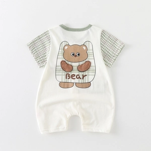 Cute newborn baby short sleeve cotton bodysuit with green plaid trim and bear embroidery