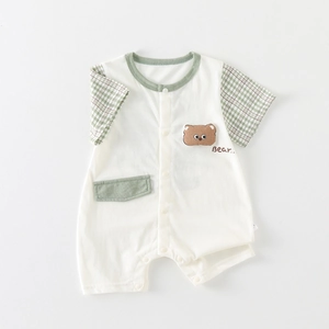 Short sleeve cotton baby romper with checkered raglan sleeves and cute bear embroidery