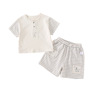 Boys casual short sleeve T-shirt and striped shorts summer outfit with puppy patch