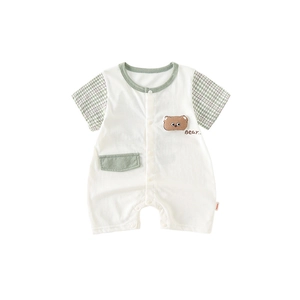Short sleeve newborn baby romper in white cotton with green plaid sleeves and bear patch