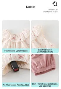 Detailansicht eines geblümten Kleinkind-Outfits mit Rüschenkragen und Sicherheitstest