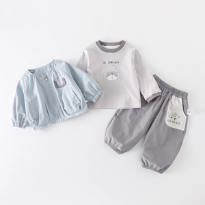 Tenue de Bébé Garçon en Coton Veste T-Shirt Et Pantalon Printemps Décontracté Bleu Gris Sourire Ours Graphique