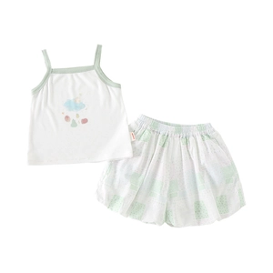 Girls summer two-piece outfit featuring a white tank top with fruit prints and green shorts
