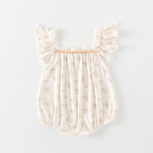 Body bébé fille à fleurs avec col en dentelle et manches volantées en coton crème