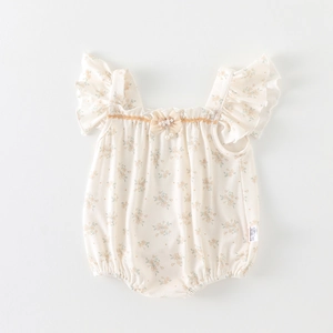 Body bébé à fleurs avec volants et nœud en tissu de coton crème pour enfants