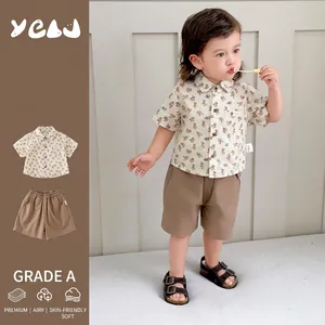 Set di Abbigliamento Estivo per Bambini in Cotone con Stampa Anatra Camicia a Maniche Corte e Pantaloncini Casual Morbido Traspirante