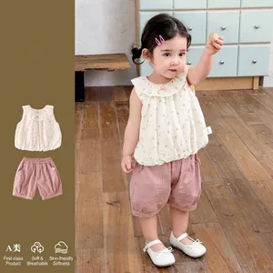 Abbigliamento Estivo per Bambine 100 Percento Cotone Stampa Floreale Maglia Senza Maniche E Pantaloncini Lanterna Rosa