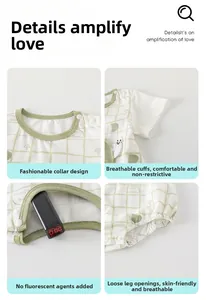 Detail views of light green checkered baby bodysuit with snaps and mushroom patterns