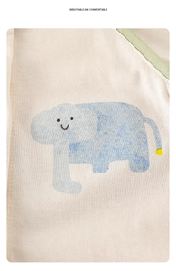 Detail of breathable cotton baby romper featuring a cute blue cartoon hippo print