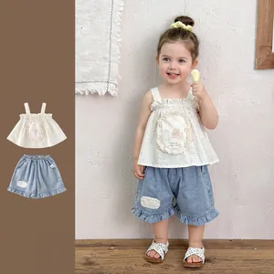 Korean Style Toddler Baby Girl Summer Cotton Floral Cami Top And Denim Shorts Ruffle Hem Two Piece Outfit Set Clothes