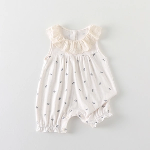 Baby Mädchen Sommer Blumen Strampler Ärmellos Baumwolle Jumpsuit Mit Spitzenrüschenkragen Süßer Pastoraler Stil Säuglings Body