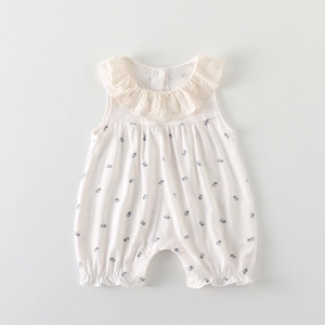 Ärmelloser Baby-Body mit Blumenmuster, Spitzenkragen aus cremefarbener Baumwolle