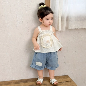 Cute baby girl floral camisole top with bear print and ruffled denim shorts outfit