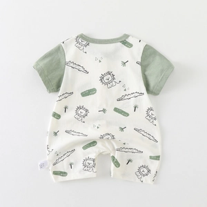 Short sleeve baby romper with wild lion print and green palm tree pattern design