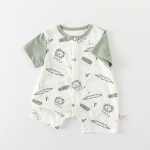 Short sleeve baby romper featuring cute lion and crocodile prints with wild free text