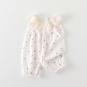 Ärmelloser Baby-Strampler für Mädchen mit Spitzenkragen und blauem Blumenmuster