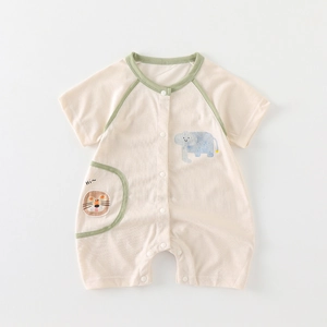 Short sleeve baby cotton romper featuring cartoon elephant print and button closure