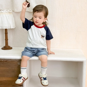 Toddler boys casual outfit with raglan sleeve t-shirt and blue denim shorts set