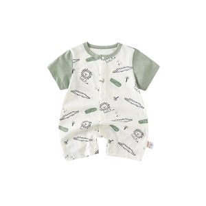 Short-sleeved baby romper with cartoon lion and crocodile prints on creamy white cotton