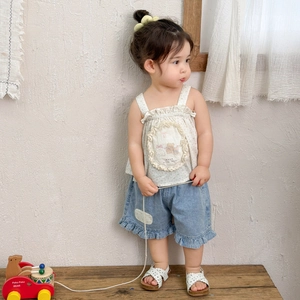 Toddler girl floral camisole and ruffled denim shorts two-piece summer outfit set