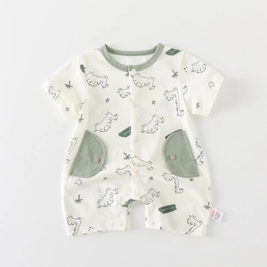 Newborn baby short sleeve cotton romper with cartoon dinosaur print and green trim detail