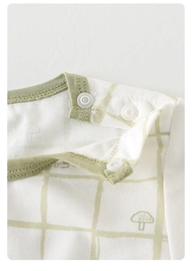 Detail of baby bodysuit with mushroom print, breathable mesh fabric, and shoulder snaps