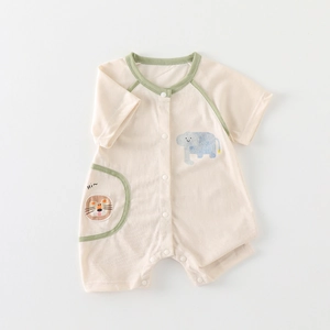 Short sleeve cotton baby romper with elephant print and green trim in beige color