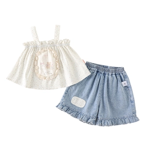 Summer baby girls floral tank top and denim shorts two-piece outfit with bear print