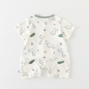 Short sleeve baby romper with cute dinosaur prints made of soft cream cotton fabric