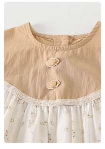 Detail of baby dress neckline with white lace trim and cute strawberry embroidery patches