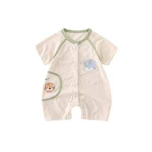 Short sleeve baby cotton romper with elephant and lion prints in beige and green
