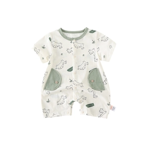 Short sleeve baby romper with green dinosaur print and functional wood buttons