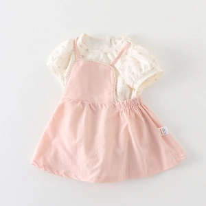 Floral puff sleeve top with pink suspender dress two-piece set for baby girls