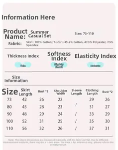 Size guide for baby floral dress set showing cotton fabric specs and length measurements